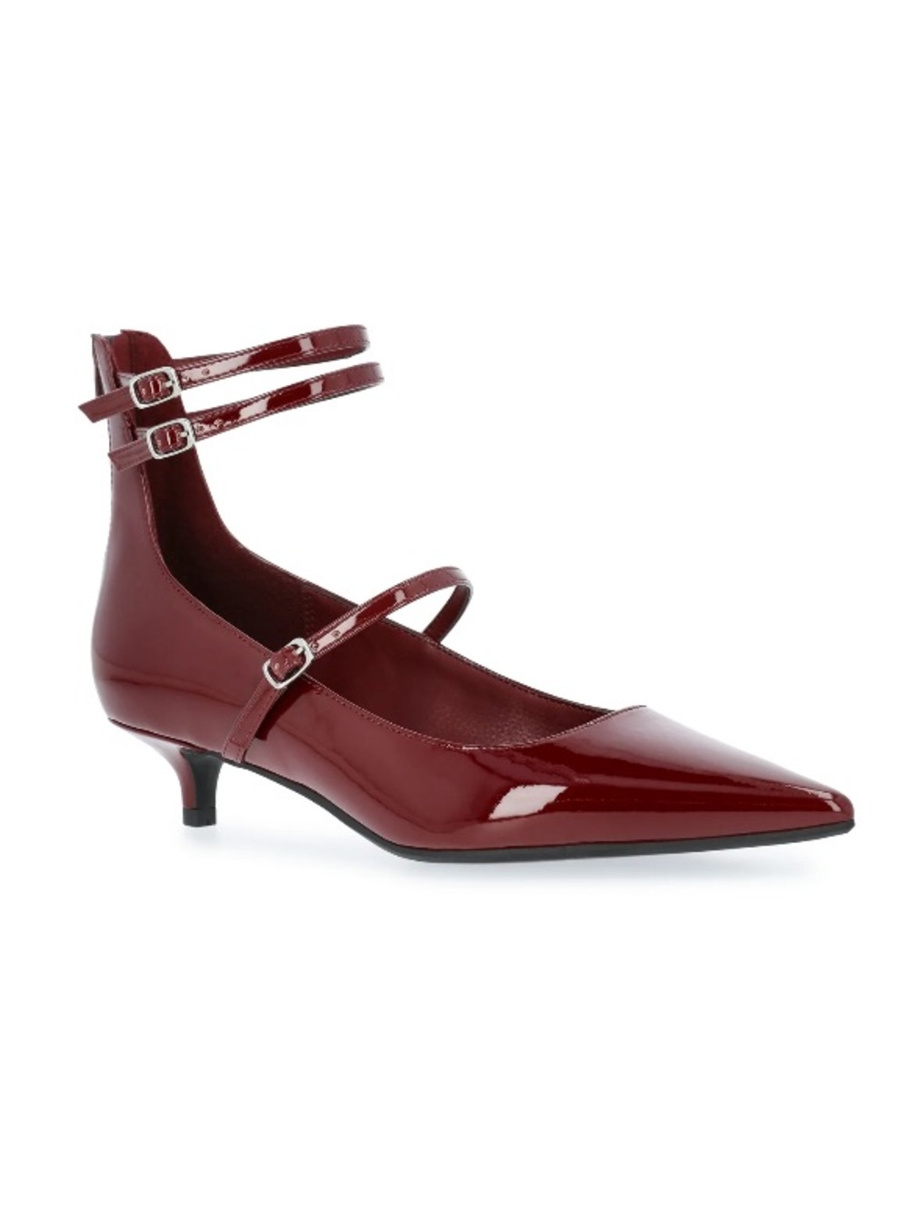 Faux Leather Pointed-Toe Mary Jane Strappy Kitten Heel Pumps Burgundy Patent